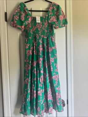 J. Crew Factory Green Maxi Dress with Pink Floral Print